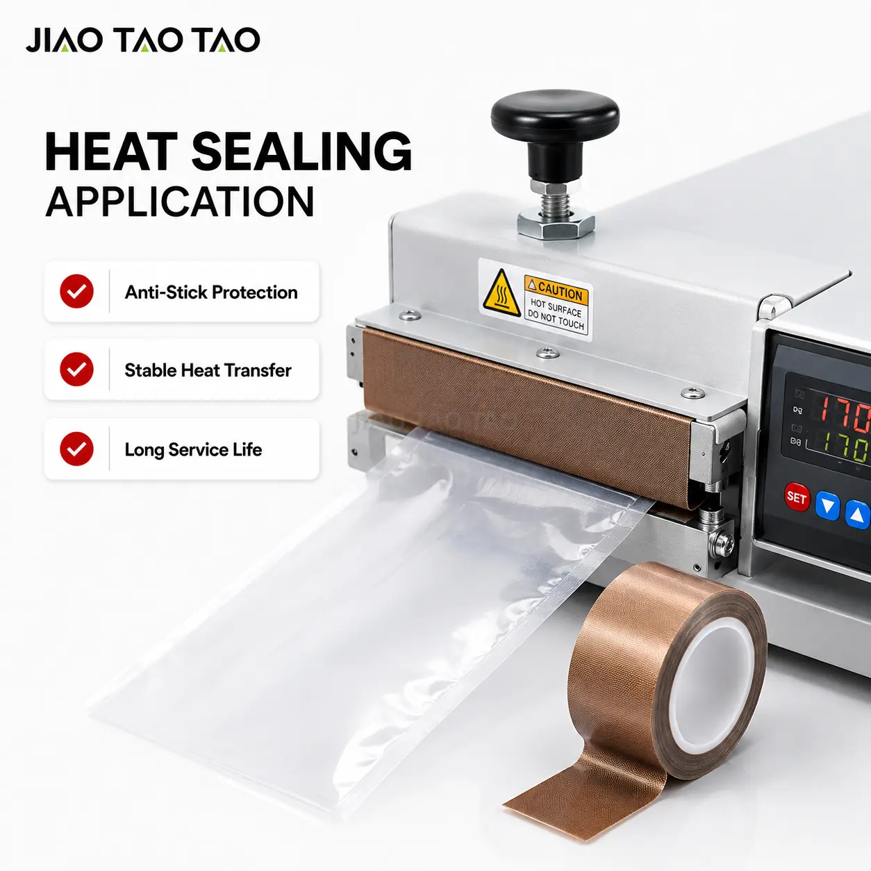 PTFE coated fiberglass adhesive tape for heat sealing and industrial release surface applications.